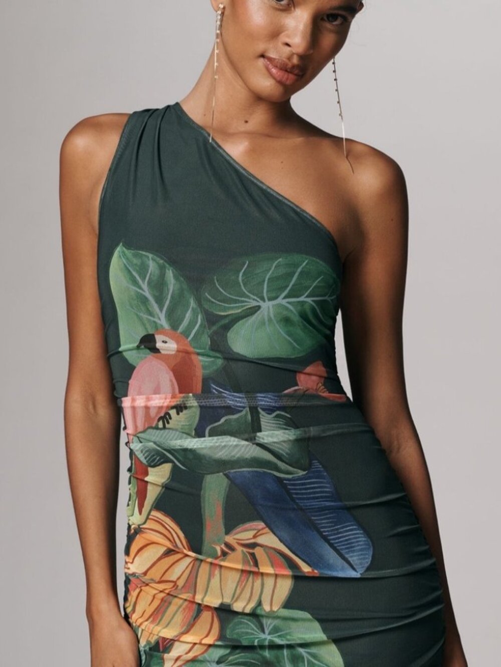 Anthropologie Green One-Shoulder Midi Dress with Tropical Floral Print - Picture 4 of 9